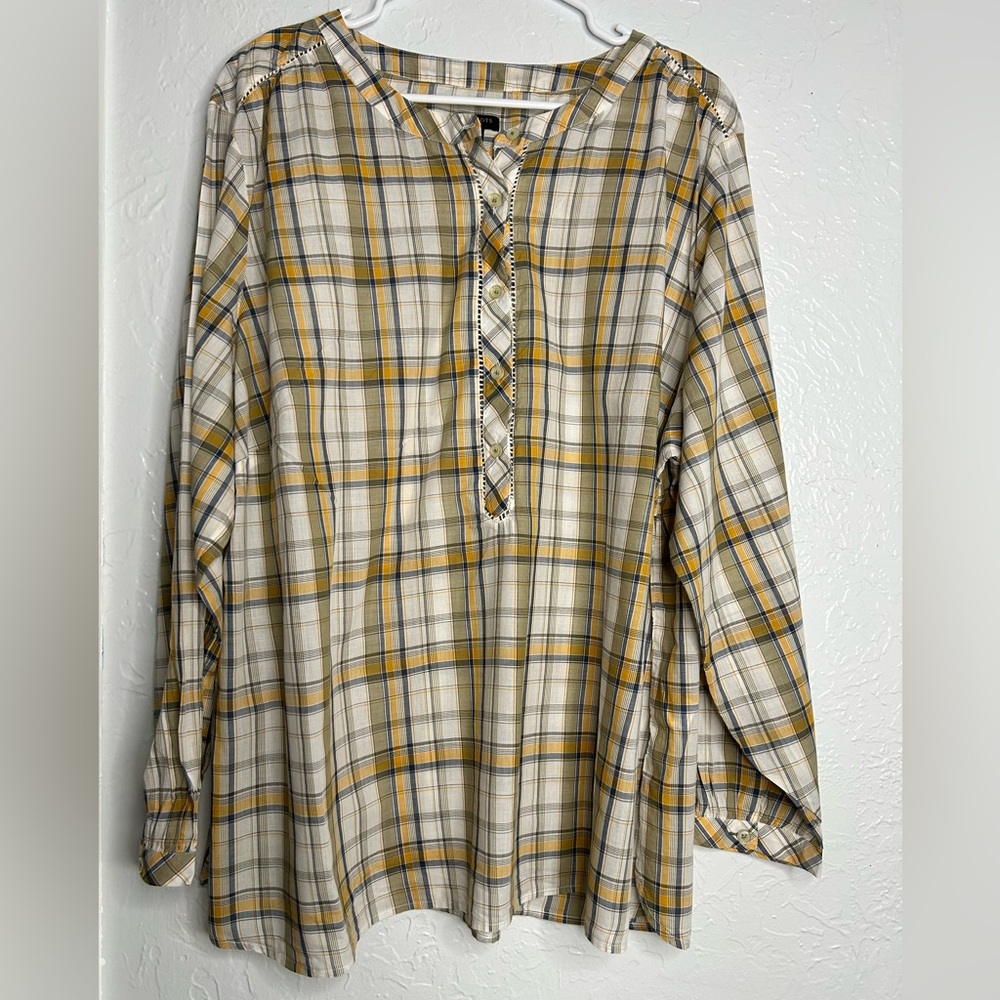 Talbots Plus Size 3X Plaid Popover Blouse • Mustard Olive Cream Picnic Boho